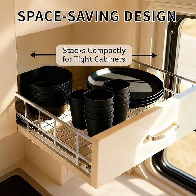 20 Piece RV & Camping Dinnerware Set, Elegant Ceramic-Look Large Bowls & Plates, Unbreakable & 100% Microwave Safe, Melamine Alternative Service for 4, Gray