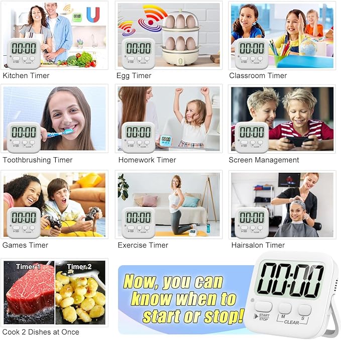 Antonki 2 Pack Digital Timer for Kids, Magnetic Countdown Kitchen Timers for Cooking, Egg, Classroom, Teacher, Exercise, Study, Oven - Battery Included
