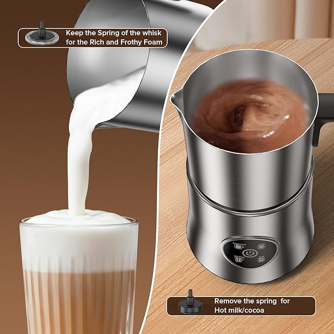 Milk Frother and Steamer with Heating Function - 4-in-1 Automatic Hot & Cold Milk Frother and Warmer, Stainless Steel Pitcher with Transparent Lid for Cappuccino, Latte, Hot Chocolate