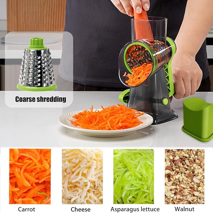 Rotary Cheese Grater Shredder with Handle Handheld Round Mandoline Vegetable Slicer Carrot Shredder Nut Grinder with 3 Replaceable Stainless Steel Drum Blades and Upgrade Strong Suction, Grey/Green