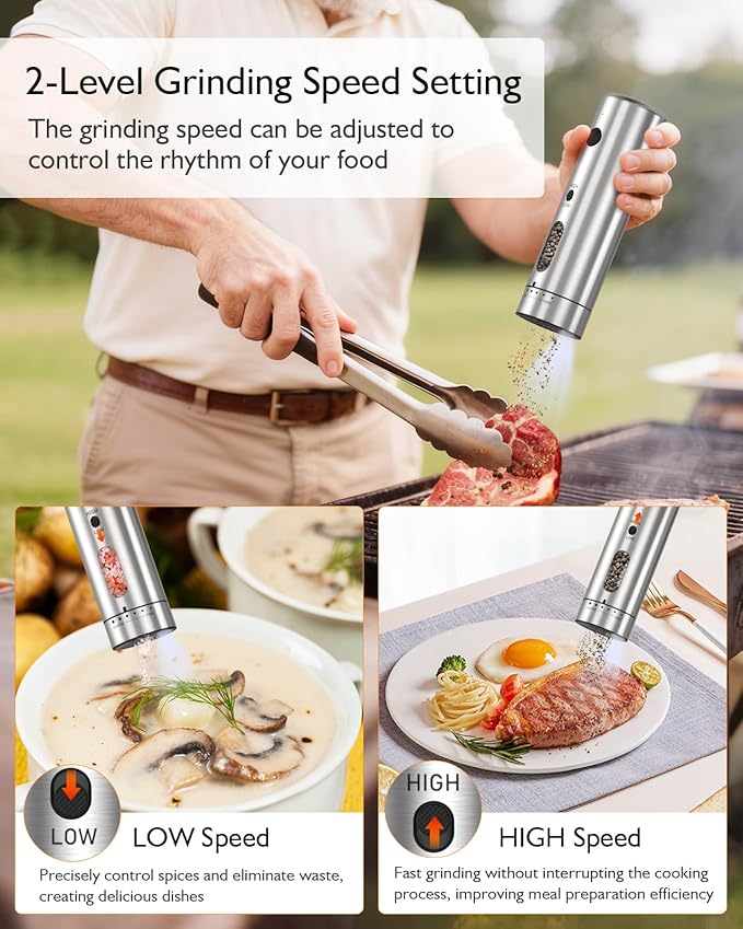 Electric Salt and Pepper Grinder Set, Upgraded 2-Speed Setting, External 6 Adjustable Coarseness, USB C Dual Rechargeable Base, All Stainless Steel Automatic Salt & Pepper Mill Shakers with LED Light
