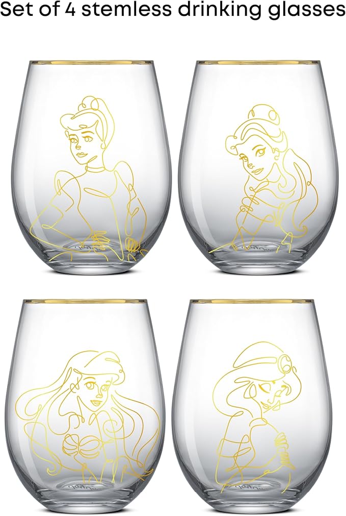 JoyJolt Disney Princess Sketch Stemless Drinking Glasses, 19oz Glass Cups ft Princess Jasmine Ariel Belle Cinderella, Disney Princess Kitchen Glassware Set of 4, Disney Gifts for Adults