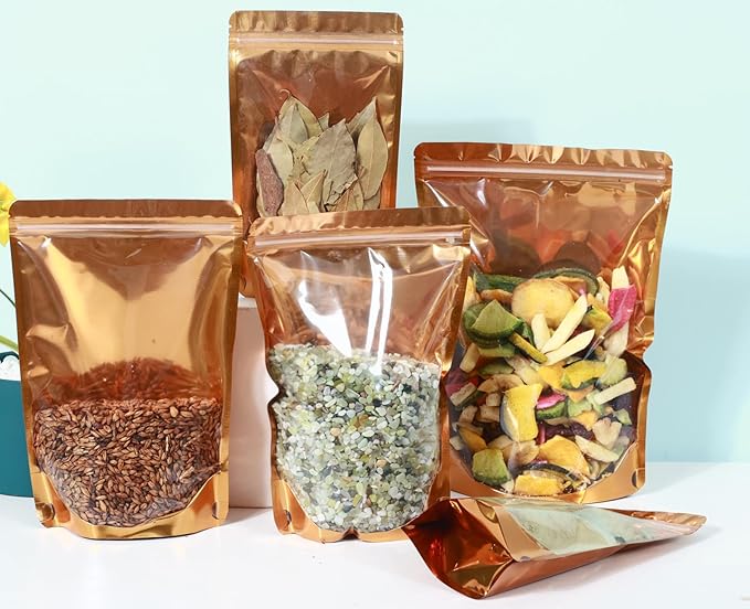150-pack 4.7” x 7.9” Stand Up Mylar Bags with Clear Window Resealable Foil Pouches for Food Storage Smell Proof Edible Packaging Bag for Jewelry and Small Business, Small plastic bag Bulk, Golden