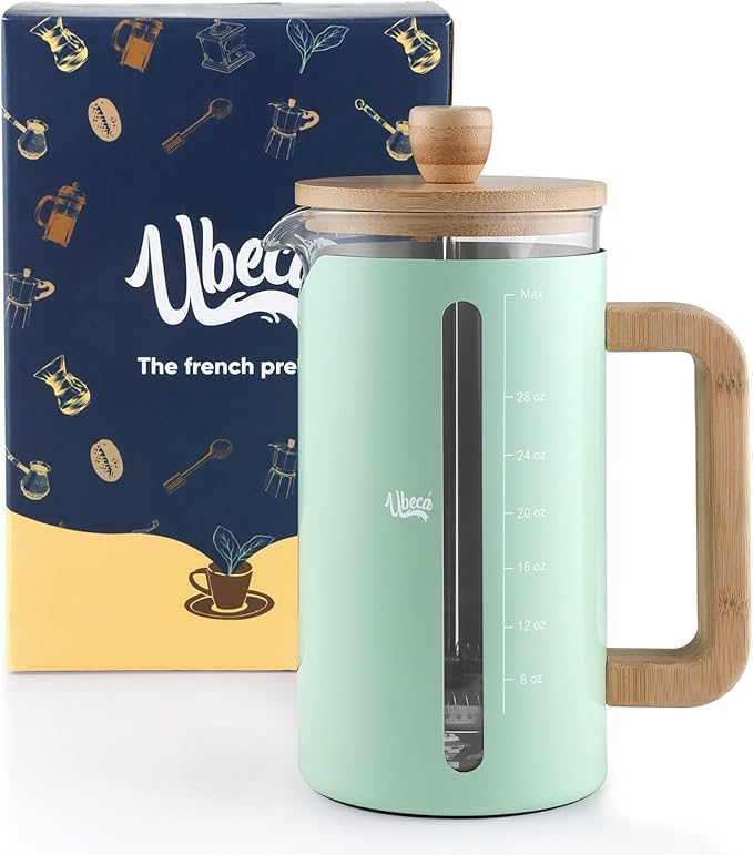 French Press 34 oz Coffee Maker, Mint Green Thick Borosilicate Glass, Bamboo Handle, 2-Layer Stainless Filter and cover, Easy Clean, Eco-Friendly Gift ready Set