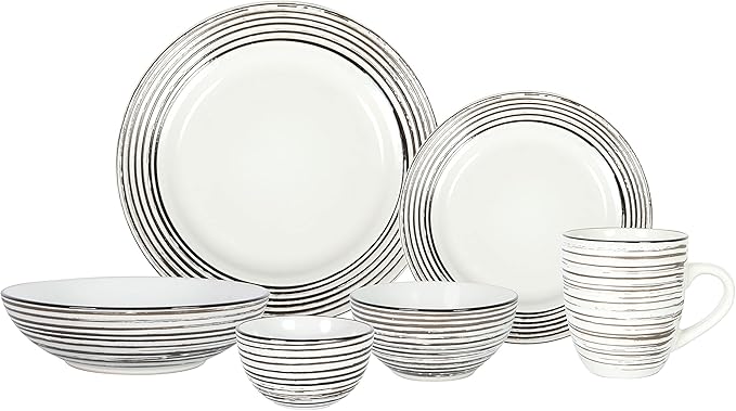 48 Piece Dinnerware Set, Ceramic Plates and Bowls Sets for 8, Microwave and Dishwasher Safe, Handcrafted Tree Bark Series Dish Set, White Birch