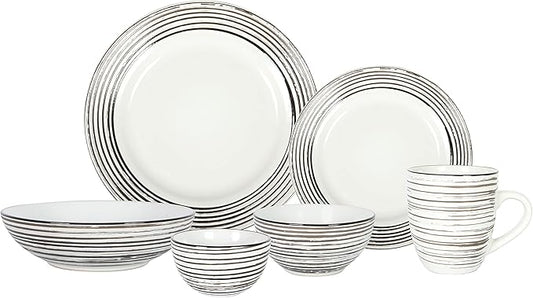 48 Piece Dinnerware Set, Ceramic Plates and Bowls Sets for 8, Microwave and Dishwasher Safe, Handcrafted Tree Bark Series Dish Set, White Birch