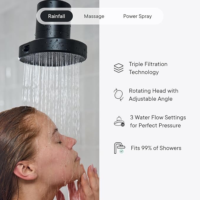 Qure Shower Filter Head for Hard Water, healthier Hair, Skin & Nails, Reduces 99% Chlorine, High Pressure Showerhead, Improve your Beauty and Skincare Routine, Dermatologist-approved - Black