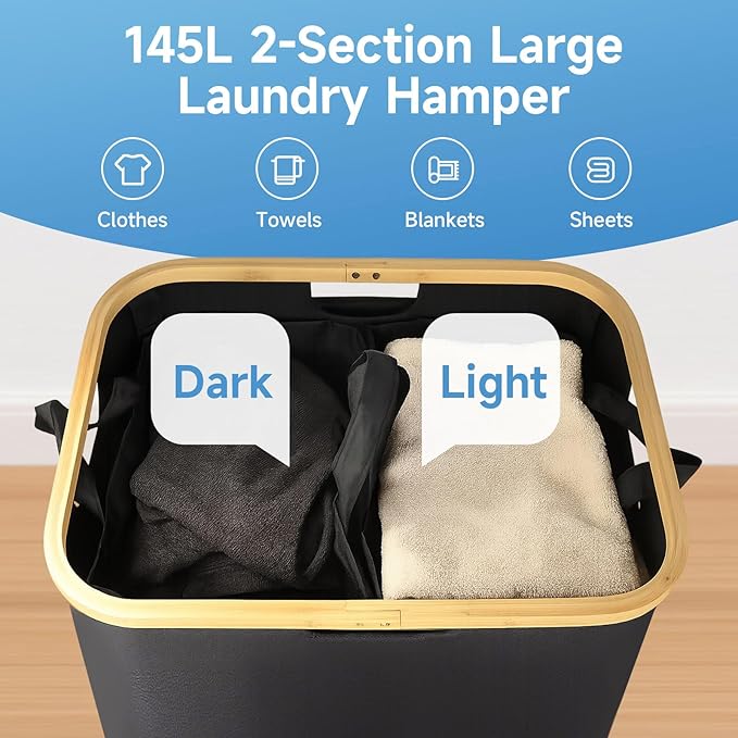 145L Double Laundry Basket with Lid, 2 Section Dirty Clothes Hamper with 2 Removable Bags for Bedroom, Bathroom, Dorm, Black