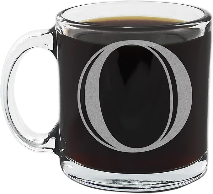 Spotted Dog Company Etched Monogram 12oz Clear Glass Coffee Mug (Letter O), A-Z Customized Coffee Gifts, Custom Engraved Gifts for Women Her, Personalized Gift for Men, Initial