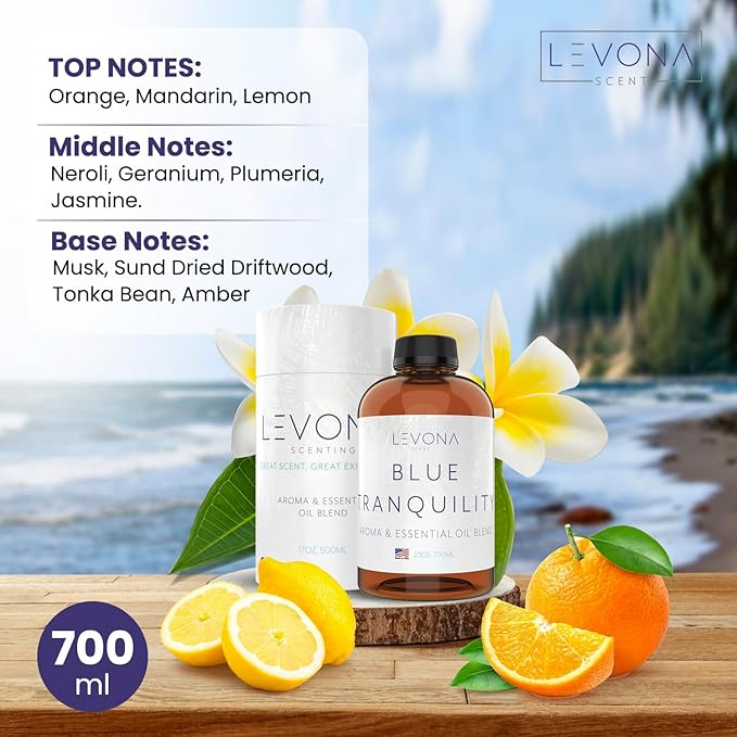 Levona Scent Essential Oil - Fresh Aroma for Home, Office, Hotel & Spa, Perfect in Humidifiers and Diffusers, Luxury Fragrance, with Coastal Breeze & Citrus Notes - 700ml/ 23 fl oz, Blue Tranquility