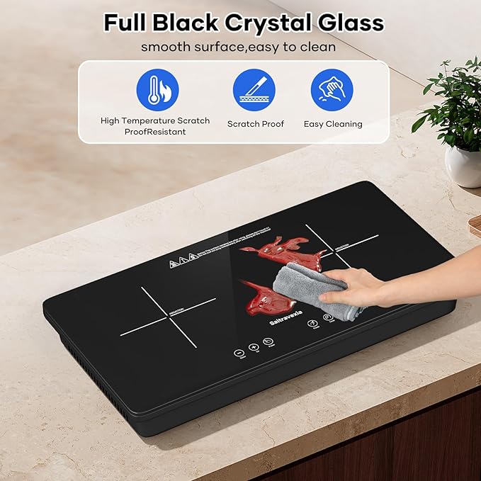 1800W Portable 2 Burner Countertop Electric Stove with Touch Control, Cross-Line Panel Design, 8 Power Levels, Timer, Safety Lock, Compatible with Magnetic Cookware
