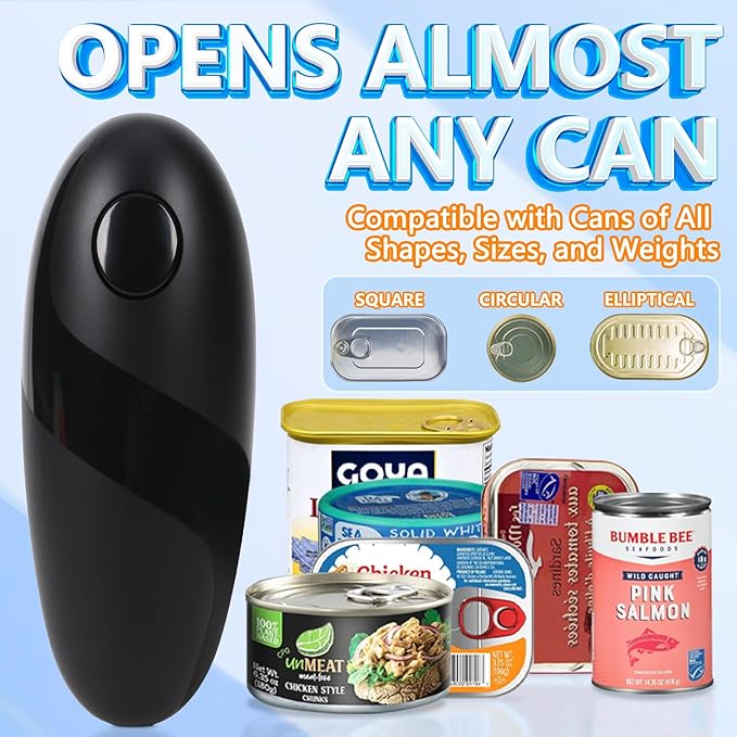 Electric Can Opener, One-Touch Automatic Can Opener for Seniors and Arthritis, Smooth Edge Battery Operated Food-Safe Can Opener, Compact Portable Design Fits Most Standard Can Sizes, Black