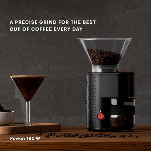 Bodum Bistro Electric Conical Burr Coffee Grinder, Preset Timer, 12 Grind Settings, Black
