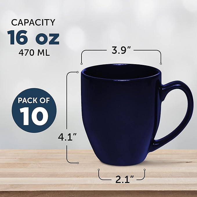 DISCOUNT PROMOS Large Coffee Cups 16 oz. Set of 10, Bulk Pack - Perfect for Tea, Espresso, Cappuccino, Hot Cocoa - Blue