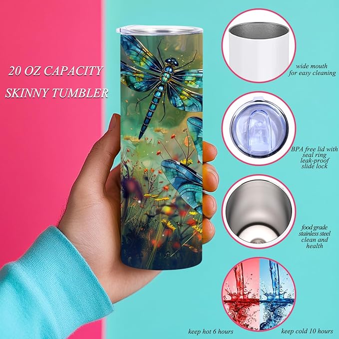 Coffee Tumbler, 20 oz Tumbler, Insulated Coffee Mug with Lid, Skinny Stainless Steel Thermal Cup, Slim Vacuum Water Bottle Travel Mug, Christmas Birthday Dragonfly Gifts for Women Men Girls Sister
