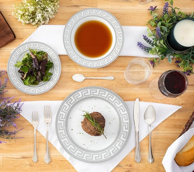 Porcelain 12 Piece Dinnerware Set - Service for 4 - Gorgeous Silver Greek Key Inspired Design - Includes Kitchen Plates, Ceramic Dishes Set for 4 (Meander Silver)