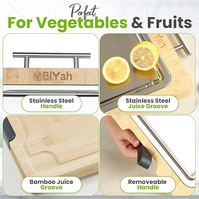 Premium 304 Stainless Steel Metal Cutting Board for Kitchen – 2 in 1 Bamboo and Steel Chopping Board for Kitchen with Juice Groove for Cutting Meat, Vegetables and Fruits - Easy Clean - 17.1”x12”