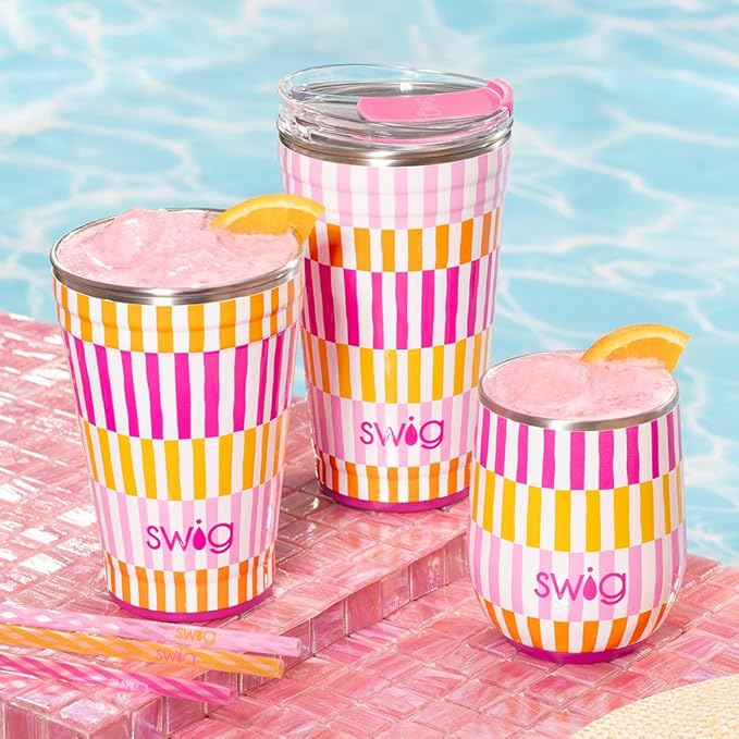 Swig Life 12oz Wine Tumbler with Lid, Stainless Steel, Dishwasher Safe, Portable, Triple Insulated Wine Tumbler (Sherbet Stripe)