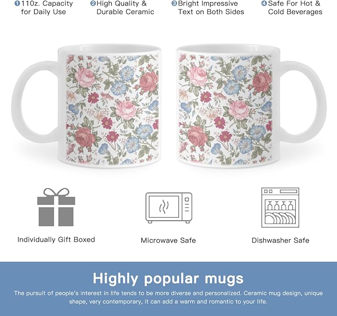 Coffee Mugs Ceramic Latte Mug with Handle Flowers Pattern 11 OZ for Men Women for Latte Cappuccino Cocoa Milk Dishwasher & Microwave Safe