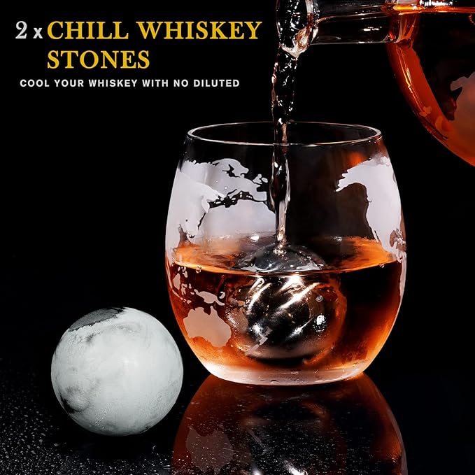 PONPUR Gifts for Men Dad Christmas, Whiskey Decanter Globe Set with 2 Ball Stones & 2 Glasses, Anniversary Birthday Gifts for Him Husband Boyfriend Brother, Cool Stuff Gift for Bourbon Scotch