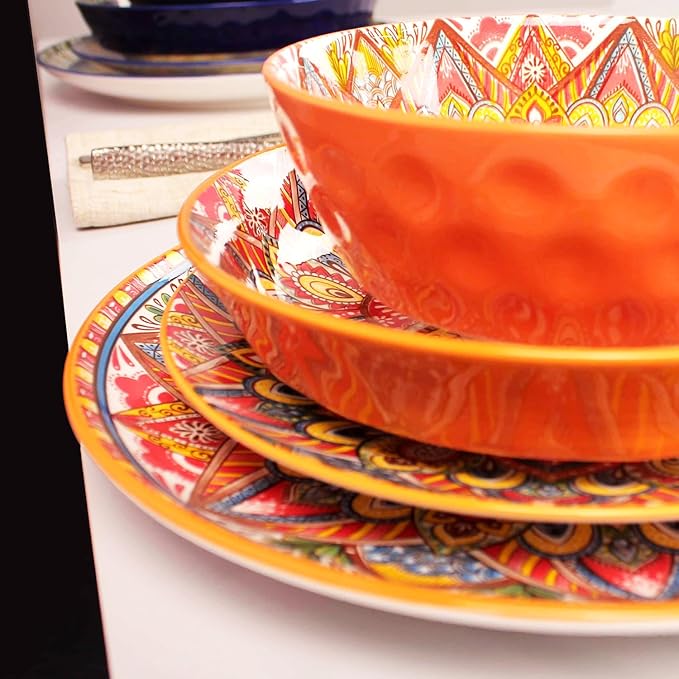 Mandala Dinnerware Sets (16 PCS) Serves for 4, Buffet Dinnerware, Boho Plates and Bowls Set with 8.3" salad Plate 8.6"/10.6"dinner Plate 6.4" bowl, apply Indoor Outdoor Dining