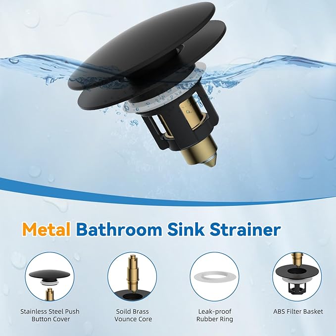 iFealClear Universal Black Bathroom Sink Stopper, Metal Pop Up Sink Drain Strainer with Hair Catcher, Fit 1.1"-2.36" US Basin, Wash Basin Drain Plug, Big Cover Cap, Brass Bounce Core, Matte Black