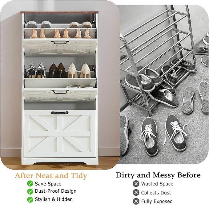 Shoe Storage Cabinet with 3 Flip Drawers, Farmhouse Shoe Organizer with Barn Door Design, Space-Saving Hidden Narrow Shoe Rack Cabinet for Entryway, Hallway & Foyer，White