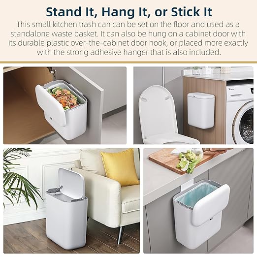 MUEE 2.4 Gal/9L Compost Bin Kitchen for Countertop or Under Sink, Hanging Small Trash Can with Lid Garbage Can Compost Bucket, Indoor Waste Basket Trash Bin for Cupboard, Bathroom, Bedroom, Office, RV
