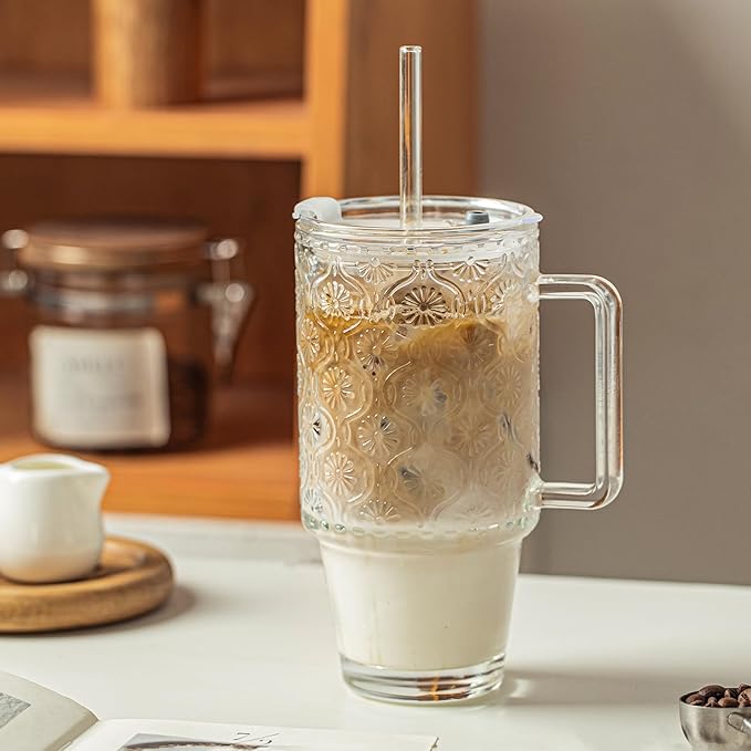 KEMORELA 24 Oz Ribbed Glass Tumblers with Lids and Straws, Tumbler Cup with Handle, Iced Coffee Glassware, Clear Reusable Drinkware for Smoothies and Beverages(1)