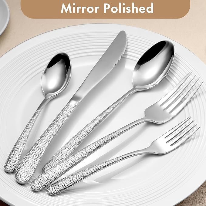 20pcs Silverware Set for 4, 18/10 Stainless Steel Material Flatware Set, High-grade Luxury Unique Texture Cutlery Set, Mirror Polished Utensil Set, Sturdy Durable Spoons and Forks Set, Dishwasher Safe