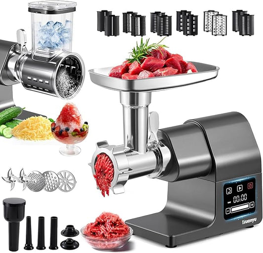 Huanyu Meat Grinder Electric 2000W Max Power Heavy Duty, Ice Shaver and Veggie Shredder with Touchscreen, 2 Blades, 3 Plates, Sausage Tubes and Kubbe Kit #10 Outlet for Home Use