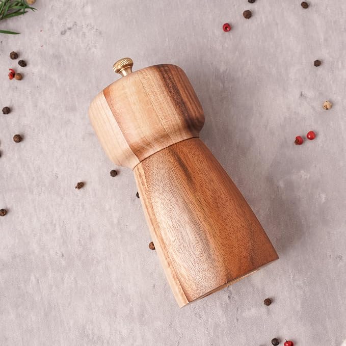 Salt Mill, Salt or Pepper Grinder with Adjustable Ceramic Grinding Core, Spice mill for Pepper and Salt, Acacia Wood, 5 inch/14 cm Height, Bottom Dia: 2.36inch/6 cm(Tray is NOT Included)