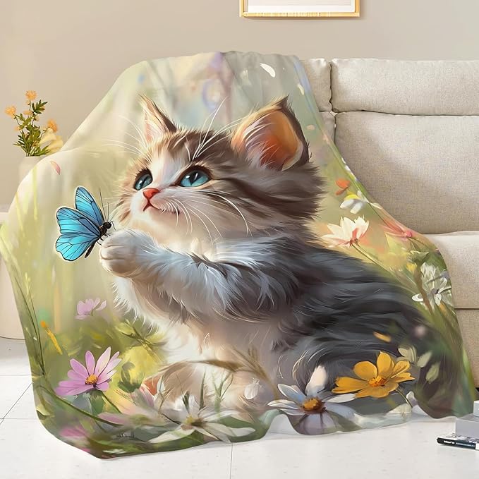 Cat Blanket Gifts for Girls Boys Blue Butterfly Throw Blankets Cozy Plush Cute Flower Fleece Lightweight Flannel Fuzzy 60"X50"