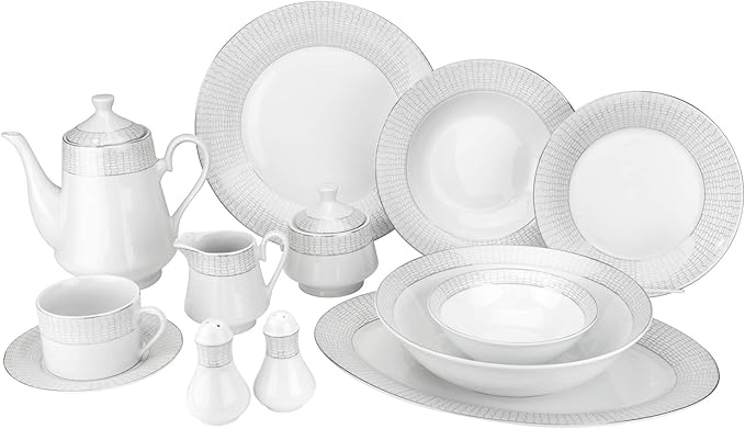 57-pc Bone China Porcelain Dinnerware Set w/Ornamented Rims, Super White Elegant Dinner Set, Dinner Plates, Soup Plates, Salad Plates, Creamer, Teapot, Tea Cups and Saucers, Set for 8
