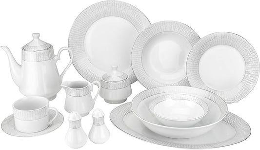57-pc Bone China Porcelain Dinnerware Set w/Ornamented Rims, Super White Elegant Dinner Set, Dinner Plates, Soup Plates, Salad Plates, Creamer, Teapot, Tea Cups and Saucers, Set for 8