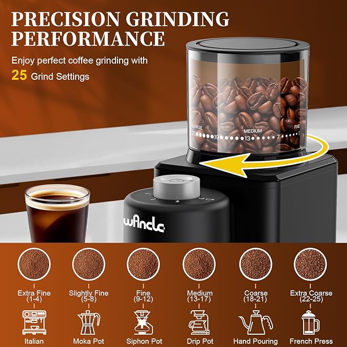 Wancle Coffee Grinder, Electric Conical Burr Coffee Bean Grinder, 25 Grind Settings-Adjustable for Espresso French Press Drip, 2-12 Cup Capacity, Low Noise, 80g Bean Capacity (Expandable to 120g)