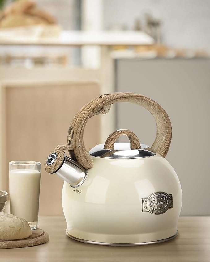 Teapot for Stovetop, 2.1 Quart Stove Top Whistling Tea Kettle, Teapot Kettles with Food Grade Stainless Steel and Wood Pattern Folding Handle, Suitable for All Heat Sources