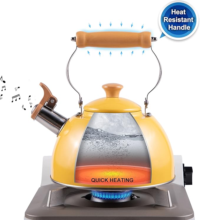 ROCKURWOK Tea Kettle, Tea Pot with Cool Touch Ergonomic Handle, Teapot Food Grade Stainless Steel, Tea Kettle Stovetop, Kettle Teapot, Whistling Tea Kettle, Tea Pot, 2.7 Quart (Yellow)