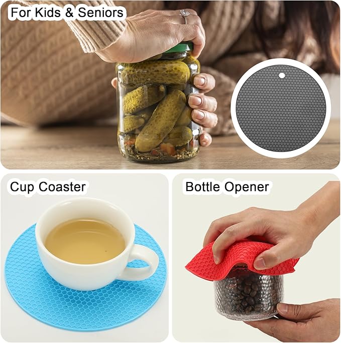 uxcell 4pcs Silicone Jar Opener Pads, 17.5cm/7" Texture Can Opener Multipurpose Round Bottle Lid Opener Non-Slip Coasters for Weak Hands Seniors Children, Gray