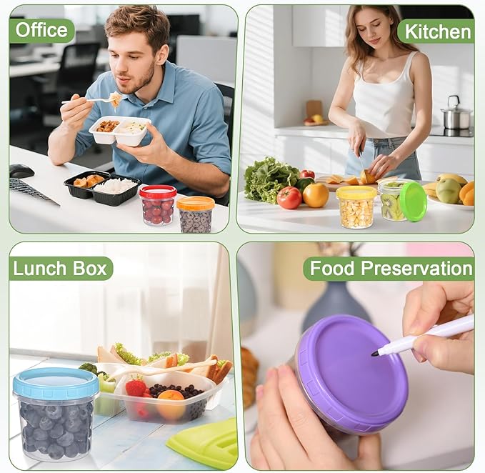 10 oz Plastic Containers with Lids, 24 Pack Stackable Small Freezer Container, Reusable Clear Food Storage Meal Prep Containers for Snack Fruit, Microwave & Dishwasher Safe, with Pen & Brush