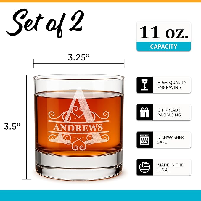 On The Rox Drinks Personalized Whiskey, Bourbon Monogram Glass Gifts - 11 oz Name Monogram Scotch Glass Set of 2 - Custom Cocktail, Rocks, Brandy Glasses