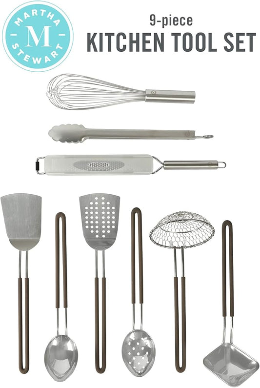 Martha Stewart 9-Piece Stainless Steel Kitchen Gadget & Tool Set – Prep and Serve Utensils, Durable & Rust-Resistant, Dishwasher Safe Cooking Accessories