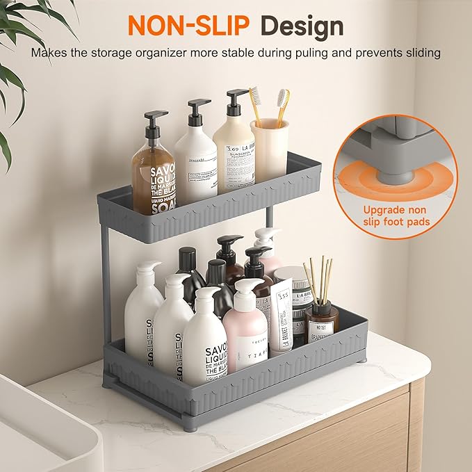 3 Pack Multi-Purpose Under Sink Organizers and Storage, 2025 L-Shaped Pull Out Cabinet Organizer for Bathroom & Kitchen, Under Cabinet Organizer with Hooks Hanging Cup, Grey