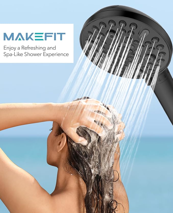 MakeFit Handheld Shower Head with Filter Matte Black - High Pressure 10 Spray Modes Filtered Shower Head with Hose, Bracket and Hard Water Shower Filters to Remove Chlorine and Heavy Metals