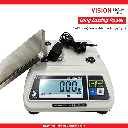 VisionTechShop DSW-100 Portion Food Scale with Dual LCD Display, Stainless Steel Platter, 30lb Capacity, 0.01lb Readability, Lb/Oz/Kg/g Switchable, Low Profile Design, NTEP COC #22-007, NSF Certified