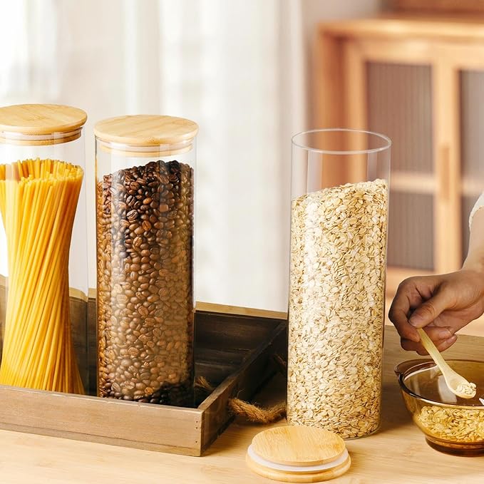 Glass Food Storage Containers for Pasta Spaghetti, 11in Tall Glass Jars with Airtight Bamboo Lids, Kitchen Storage Pantry Jars Organizers, For Cookies Flour Cereal Coffee Beans (Set of 3)