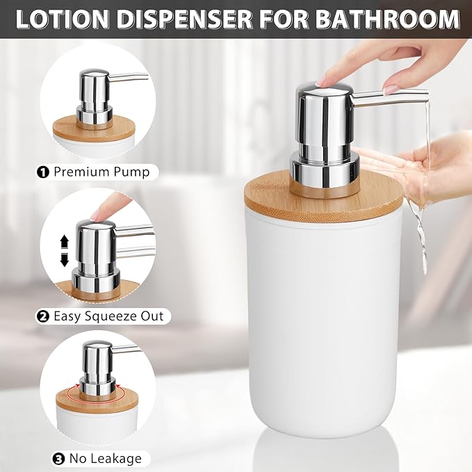 iMucci Bathroom Accessories Set 5Piece White Bathroom Sets, Toothbrush Holder, Toothbrush Cup, Lotion Soap Dispenser, Soap Dish and Qtip Holder Bathroom Decor