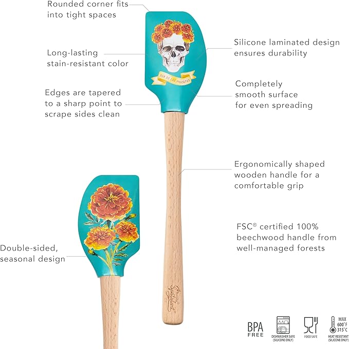 Tovolo Spatulart Day of the Dead Kitchen Utensils Silicone Spatula with Wood Handle for Baking Cooking Mixing, Dia de los Muertos BPA Free Heat Resistant Cooking Spatula