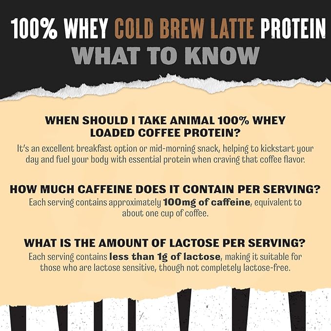 Animal 100% Whey Protein Powder Samples & Shaker Bottle – Real Instant Iced Coffee Whey + 20g of Protein, 120mg of Caffeine Meal Replacement with BCAA – Cold Brew Latte, 3 Single-Serving Packets