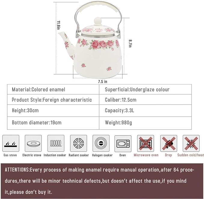Enamel Teapot floral,Large Porcelain Enameled Teakettle,Colorful Hot Water Tea Kettle pot for Stovetop,Small Retro Classic Design (3.3L, style3)